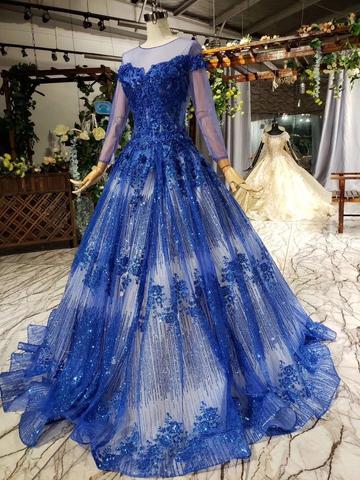 Royal Blue Pleats Satin Evening Dress 2023 Wedding Party Beaded Appliques  Long Sleeves Elegant A Line Prom Gowns Color Orange US Size 12